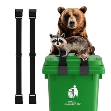2Pcs Raccoon-Proof Trash Can Locks - Metal Double Claw Strap for 28-96 Gallons, Adjustable Anti-Rust Bungee Cord, Universal Outdoor Waste Bin Lid Lock (Black)