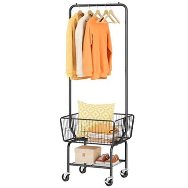 Tajsoon Laundry Cart with Hanging Rack, Metal Laundry Basket with Wheels, Laundry Hamper with Storage Basket and Shelf, Rolling Laundry Cart with Wheels, Black