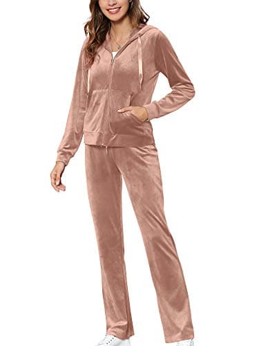 MessBebe Womens Velour Tracksuits Set Long Sleeve Sweatsuits 2 Piece Sports Outfit Zip Hoodie Sweatpants Joggers Set Dusty Pink Small