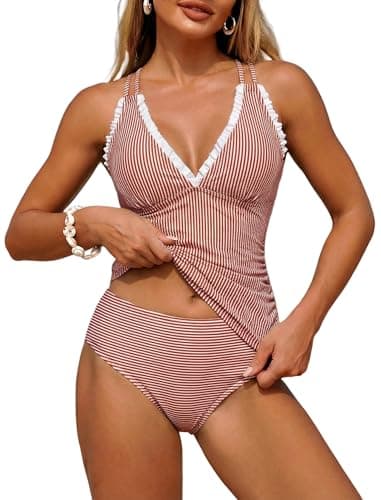ZAFUL Womens Tankini Bathing Suits Modest Two Piece Swimsuit Smocked Push Up Slimming Tankinis with High Waisted Full Coverage Bottom Adjustable Straps Ruched Tummy Control Swimwear Red Striped L