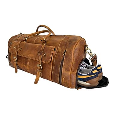 KomalC Leather Duffle Bags for Men and Women Travel Overnight Weekend sports bag holdall Gym Duffel for Men (Distressed Tan, 28 Inch)