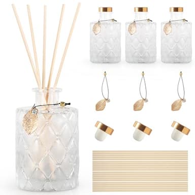Glass Reed Diffusers Bottles for Home, Diffuser Bottles with 20PCS Reed Diffuser Sticks, Vintage Embossed Apothecary Style Flower Bud Vases with Cork Lids, Set of 3