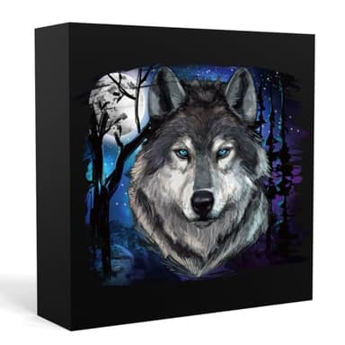 Wolf And Full Moon Wooden Box Sign Decor Desk Sign, Western Life, Western Wolf, Wolves, Wolf In The Dark Night, Full Moon Wolf Decor Desk Decoration Signs for Home Office Kids Room Bathroom Shelf