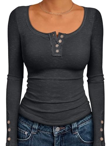 Kissfix Long Sleeve Shirts for Women Fall Winter Henley Tops Business Casual Ribbed Blouses Date Night Trendy Outfits Black Grey S