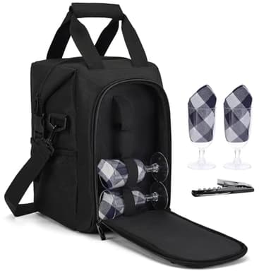 ALLCAMP 4 Bottle Wine Gift Bag - Insulated Tote Cooler, Adjustable Strap, Includes 4 Wine Glasses, Napkins & Corkscrew, Portable Travel Gifting (Black)