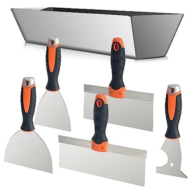Socpuro Drywall Hand Tool Kit, 5Pcs Stainless Steel Putty Knife Scrapers Taping Knife with Mud Pan for Drywall Repairing, Paint Scraping and Wallpaper Removing (6pcs)