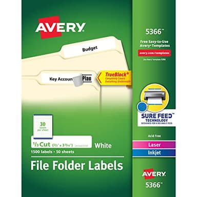 Avery TrueBlock File Folder Labels, 2/3" x 3-7/16", 1,500 Printable Labels, White, Permanent (5366)