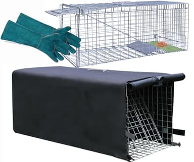 Live Animal Trap Cage with Cover & Gloves, Cat Trap for Stray Cats 32 Inch Heavy Duty Folding Skunk Traps with Real Door for Raccoons, Opossums, Skunks, Feral Cats, Squirrels-(32 x 10 x 12 inches)