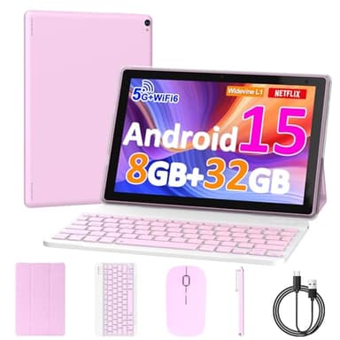 10 inch Android 15 Tablet, 8GB RAM 32GB ROM Powerful Quad-core CPU, 1280*800 Resolution Screen Tablet PC, 8MP Camera, 6000mAh Battery Computer, 2 in 1 Tablets with Keyboard, Case, Mouse, Stylus Laptop