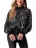 CUPSHE Women Blouses Star Print Semi-Sheer Ruffled Long Sleeve Mock Neck Shirt Dressy Party Black S