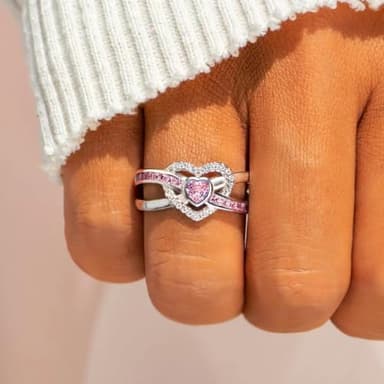 925 Sterling Silver Shiny Full Diamond Heart Ring 18K Gold Heart-Shaped Cut Pink Cubic Zirconia Rings CZ Diamond Halo Cocktail Rings Eternity Engagement Wedding Band Rings for Women Z.108 (US Code 7)