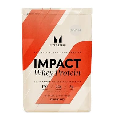 Myprotein Impact Whey Protein Powder, 2.2 Lbs (33 Servings) Unflavored, 22g Protein & 5g BCAA Per Serving, Protein Shake for Superior Performance, Muscle Strength & Recovery, Gluten Free