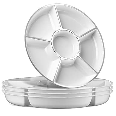 Plasticpro 6 Sectional Round Plastic Serving Tray/Platters White & Silver Pack of 2