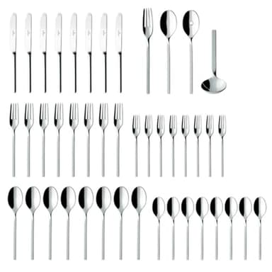 Villeroy & Boch NewWave Collection 64 Piece Flatware Set, Sleek, Tapered, Modern Design, 18/10 Stainless Steel, Service for 12, 4 Piece Serveware Set Included