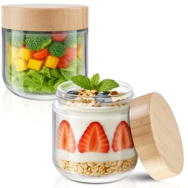 12 oz Glass Jars with Lids, Tecohouse 2 Pack Chia Pudding Jars with Bamboo Lids Refillable Cosmetic Jars For Cream, Salad, Snacks, Spice, Suger, Yogurt