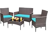 Greesum Patio Furniture 4 Pieces Conversation Sets Outdoor Wicker Rattan Chairs Garden Backyard Balcony Porch Poolside loveseat with Soft Cushion and Glass Table, Brown and Blue