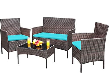 Greesum Patio Furniture 4 Pieces Conversation Sets Outdoor Wicker Rattan Chairs Garden Backyard Balcony Porch Poolside loveseat with Soft Cushion and Glass Table, Brown and Blue