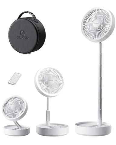 Gaiatop Portable Pedestal Fan 16000mAh Battery [Max 74h Runtime], Foldable Oscillating Standing Fan, Collapsible Desk Fans, LED Light, Case & Remote Control 4 Speeds for Outdoor Travel Camping (White)
