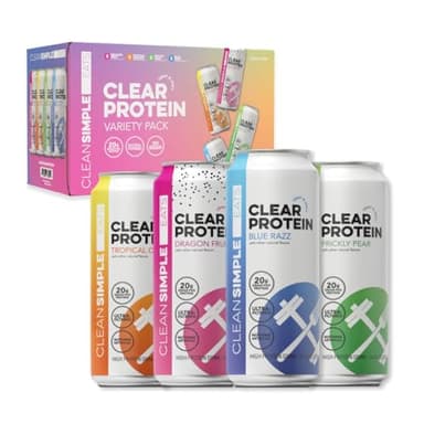 Clean Simple Eats Clear Protein Water, 20G Grass Fed Whey Protein Isolate, Ultra Filtered, Light & Refreshing Beverage, Low Lactose, No Artificial Ingredients, Variety Pack, 16 Oz Cans, 8 Pack