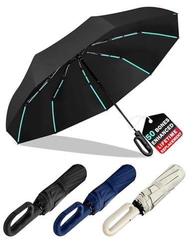KLYOZO 10-Shaft & 50-Rib Reinforced Windproof Umbrella, Automatic Open/Close with Carabiner Handle, Heavy-Duty Storm Resistant Umbrella for Rain and Wind, Compact Travel (Obsidian black)