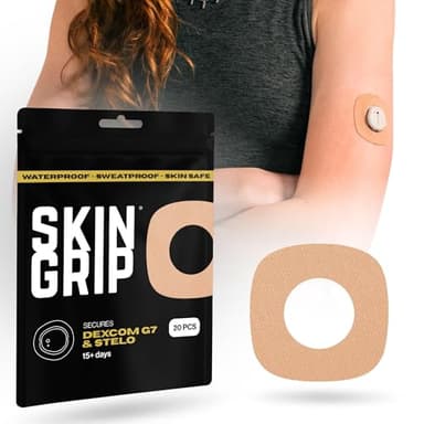 Skin Grip Adhesive Patches Compatible with Dexcom G7 & Stelo CGM with Cutout – Waterproof & Sweatproof Cover for Continuous Glucose Monitor Sensor, Stays Secure for 10-15 Days – 20 Pack, Tan