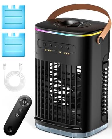 CENSTECH Small Portable Air Conditioners, 5400mAh Battery, 2Ice Packs Personal Air Conditioner, 7H Timer & 16.5ft Remote, 7Color Light, 1200ML Water Tank, 3Speed & 2Cool Mist Small AC Unit for Bedroom