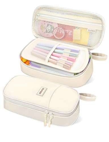 SUNEE Cute Pencil Case, Aesthetic Pen Pouch, Colored Large Pencil Bag with Zipper, Kawaii Stationery Storage and Organizer, School Supplies for Teen and Adult Girls, Beige
