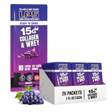 Nutritional Designs LPS Liquid Collagen & Whey Protein Supplement - Non-GMO Drink, Sugar-Free - Promotes Healthy Skin & Hair for Men & Women, Grape, Single Serve (25 Packets)