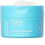 TULA Skin Care Breakout Breakthrough - Acne Maximum Strength Biodegradable Toner Pads, Non-Alcohol, Acne & Blemish Fighting, Soothes & Brightens Marks, 30 Pads
