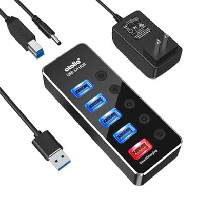 Powered USB Hub, atolla Aluminum 5-Port USB 3.0 Hub with 4 USB 3.0 Data Ports and 1 USB Smart Charging Port, USB Splitter with 5V/3A Power Adapter and Individual Switches