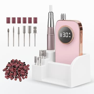 PUSHUJIA 45000 RPM Nail Drill - Brushless Cordless Efile LCD Display & Heat Reduction Tech for Acrylic Gel Nails (Pink)
