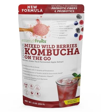 Essenzefruits Red Berries Kombucha Powder Tea Sour Beverage – Sugar Free, Fermented & Dried - Just Add Water! Live Probiotics & Prebiotic Blend - Makes up to 30 Cups (8 Oz)