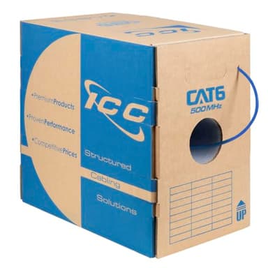 ICC Cat6 CMR Riser 1000ft - UTP 23AWG, 100% Solid Pure Copper, Unshielded, Bulk Ethernet Cable, PoE++, 500MHz, Reelex Pull Box, UL Certified, RoHS and TAA Compliant, Blue