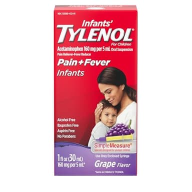 Infants' Tylenol Oral Suspension Liquid Medicine with Acetaminophen, Baby Fever Reducer & Pain Reliever for Minor Aches & Pains, Sore Throat, Headache & Toothache, Grape Flavor, 1 fl. oz