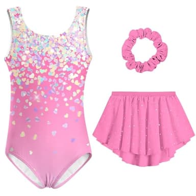 Idgreatim Gymnastics Leotards for Girls 4T 5T Sparkly Pink Ballet Leotard with Removable Skirt Athletic Tumbling Class Practice Gymnastic Outfits