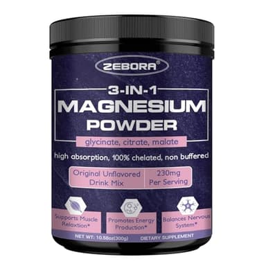 ZEBORA Magnesium Powder for Sleep, Chelated Magnesium Complex Supplement with Glycinate, Citrate and Malate, Unflavored Drink Mix with Electrolytes for Muscle & Brain Health, Vegan, Non-GMO, 10.58oz