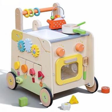 Wooden Baby Walker 3-in-1 Push Toy for Toddlers, Montessori Sensory Activity Center with Pretend Kitchen, Adjustable Speed Learning Walker, Safe Wooden Toy, Ideal Gift for Boys and Girls