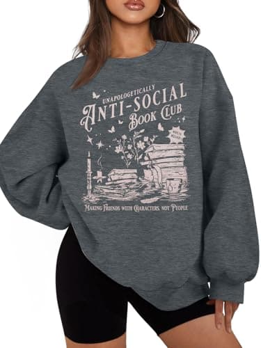 LUKYCILD Anti Social Book Club Sweatshirt Women Oversized Book Lover Teacher Shirt Funny Graphic Long Sleeve Tee Top Dark Grey