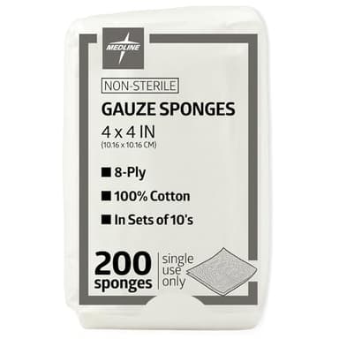 Medline 4 x 4 inch Gauze Sponges, 100% Cotton, 8-Ply Woven Non-Sterile Gauze (Pack of 200)