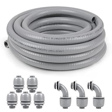 Elecoman 1/2inch 100ft Liquid-Tight Conduit and Connector Kit,Flexible Non-Metallic Liquid Tight Electrical Conduit Kit with 5 Straight and 3 90-Degree Connector Fittings,1/2 in. Dia