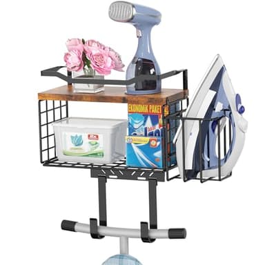 Ironing Board Hanger Wall Mount, 2-Layer T&Y Iron Board Holder with Ironing Caddy, Metal Ironing Board Holder Storage Organizer, Floating Wood Shelf for Laundry Room Decor Accessories Organization