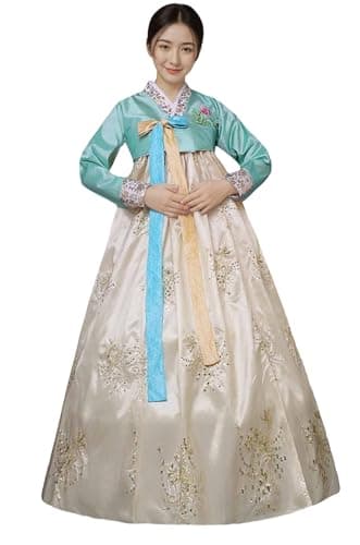 STIOEDYUAN Women‘s Traditional Korean Hanbok Dress Long Sleeve Palace Wedding Costume with Floral Embroidery (Light Yellow, X-Large)
