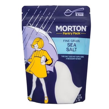Morton Sea Salt Fine Grain, All-Natural Fine Sea Salt, 1 lb Resealable Pouch, Ideal for Cooking, Baking, Blending & Everyday Seasoning