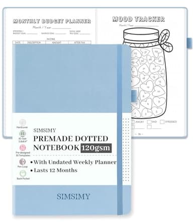 SIMSIMY Premade Dotted Journal Notebook with Bullet Templates, Pre-made Dot Grid Journaling with Undated Weekly & Monthly Planner, Various Trackers, Lasts 1 Year, A5