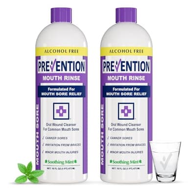 Prevention Mouth Sore Mouth Rinse, Canker Sore Treatment, Oral Pain Relief Mouthwash for Ulcers and Sores, Braces, with Hydrogen Peroxide, Alcohol-Free, Fluoride Free, 16 oz, Soothing Mint, 2 Pack
