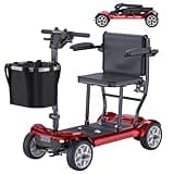 ENGWE 4 Wheel Mobility Scooter for Adults Seniors - Ease 2 Pro Luxury 24V 20A Li-ion Battery Lightweight 43.2lb Compact Folding Portable to Travel 270W Motor, Headlight Basket, Dual Battery-Red