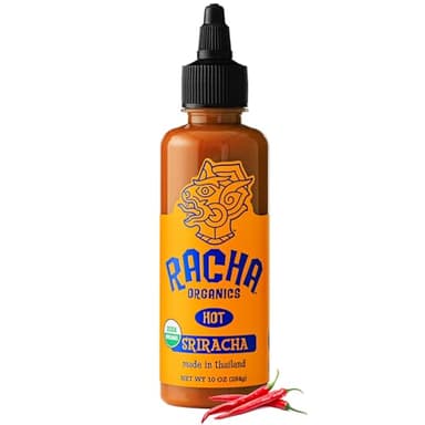Racha Organics Sriracha Hot Sauce - USDA Organic Sriracha Sauce Made with Estate-Grown Thai Chili Peppers - Low-Sugar, Non-GMO, Gluten Free, Keto Friendly - 10oz - Made in Thailand