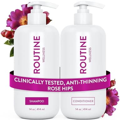 Routine Wellness Anti-Thinning Shampoo and Conditioner Set for Thinning Hair - Biotin DHT Blocker Women & Men - Color Safe Shampoo for Hair Loss & Healthier Hair - Rose Hips (Pack of 2)