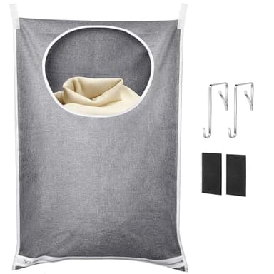 MERDTTES Hanging Laundry Hamper Bag with Adjustable Stainless Steel Hooks, Extra Large Tear-Resistant Door Hamper for Dirty Clothes Storage, Space Saving Organizer for Bathroom Bedroom, Grey