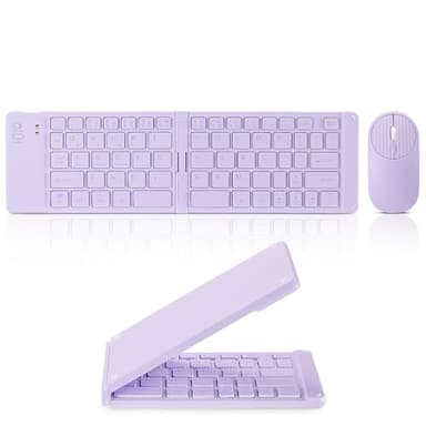 Foldable Mini Rechargeable Bluetooth Keyboard and Mouse Combo, 2.4G Wireless and Bluetooth,(Sync Up to 3 Devices), Ultra-Slim Travel Folding Keyboard for iPhone iPad Mac Android Windows iOS(Purple)